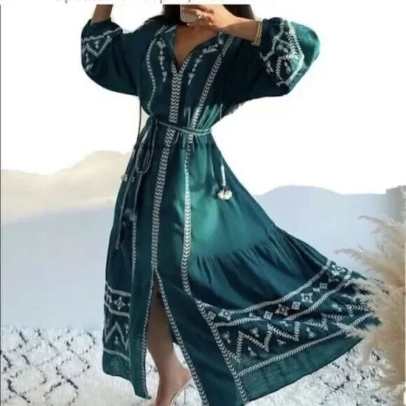 Zara | Dresses | Zara New Woman Midi Embroidered Dress Pompoms Greenish L  57051 | Poshmark